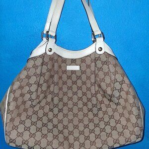 Excellent Gucci Mongogram Brown White Leather Designer Handbag Authentic